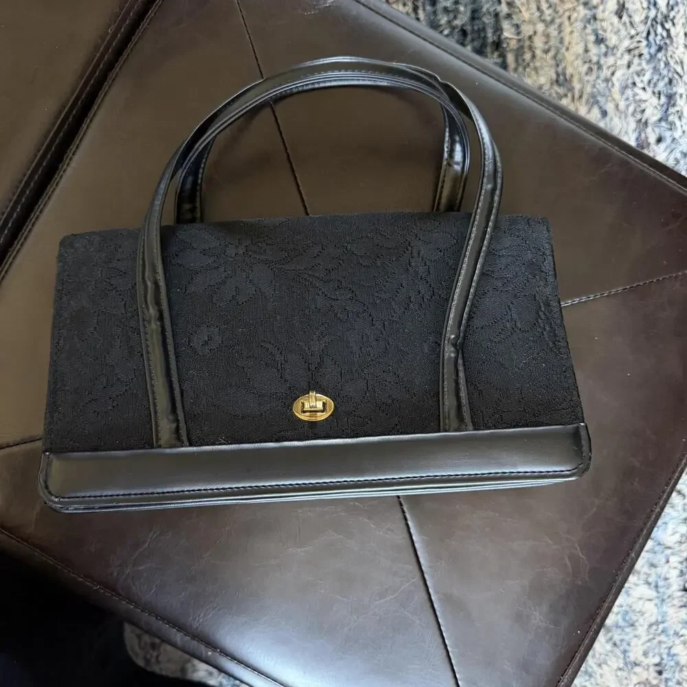 Vintage Verdi Top Handle Bag Womens Small Black Floral Jacquard Leather USA
